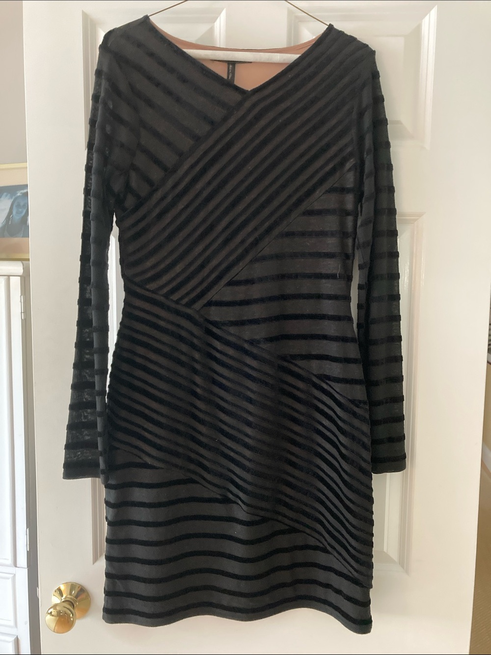BCBGMaxAzria Black Striped Long-Sleeve V-Neck Dress
